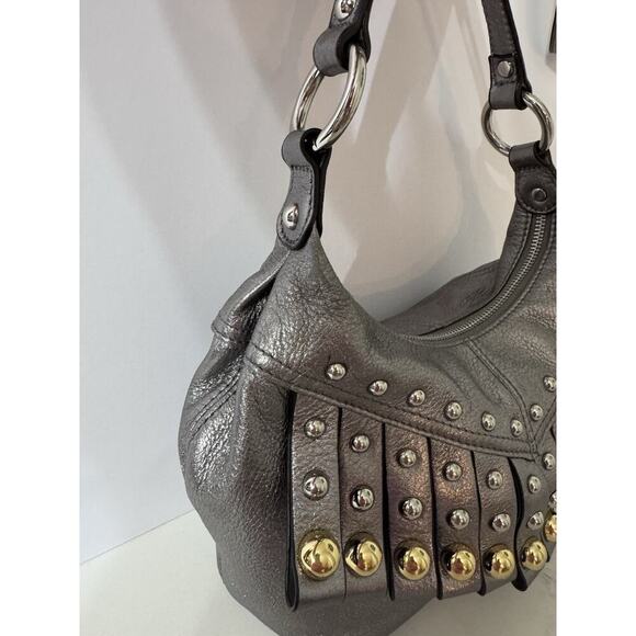 B. Makowsky Purse 100% Leather, Pewter Metallic, Metal Studs, Adjustable Strap - Picture 5 of 14